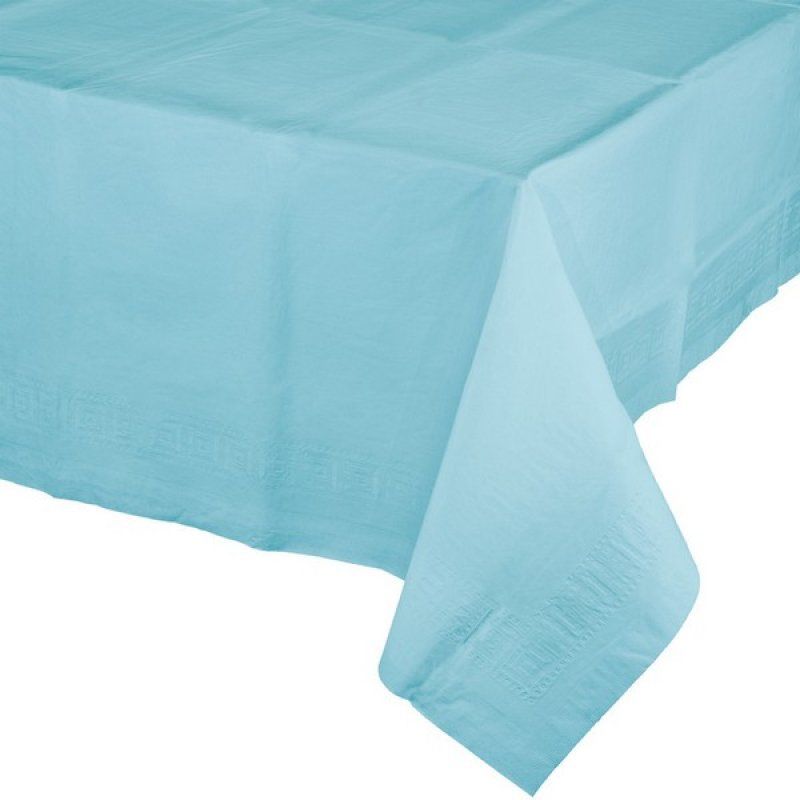 Pastel blue table cover, 54 x 108 inches, elegant for events, protects furniture, easy to clean, enhances decor.