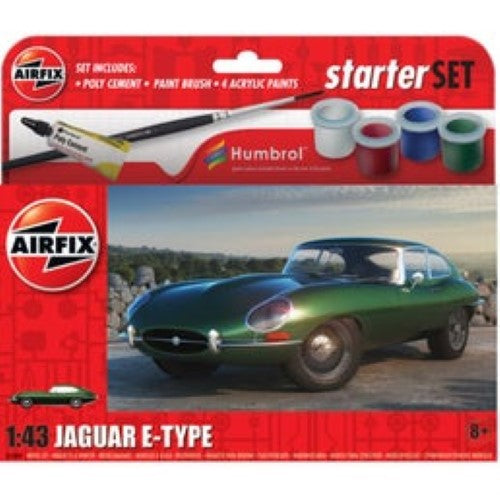 Alt text: Detailed 1:43 scale model kit of the Jaguar E-Type, includes paint and tools for hobbyists aged 8 and up.