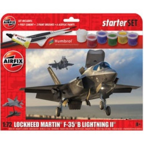 Airfix 1/72 F-35B model kit with acrylic paints, glue, brushes, and stand, perfect for beginners and aviation enthusiasts.