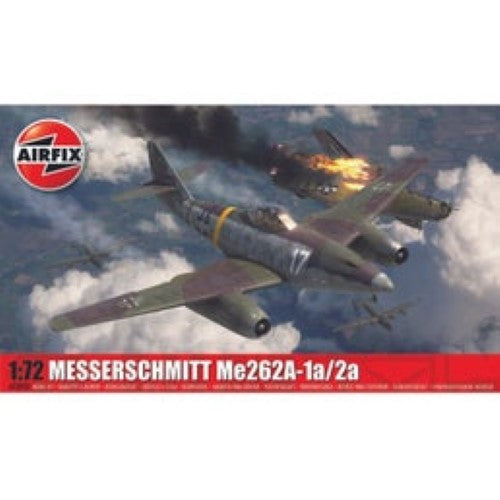 1:72 scale model kit of the Airfix Messerschmitt Me262A-1a/2a, featuring detailed parts for an iconic WWII jet fighter.