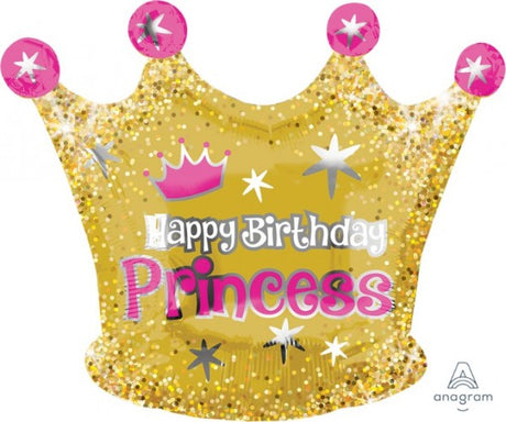 Gold crown-shaped foil balloon for birthdays, 50cm x 40cm, self-sealing, perfect for festive decorations.