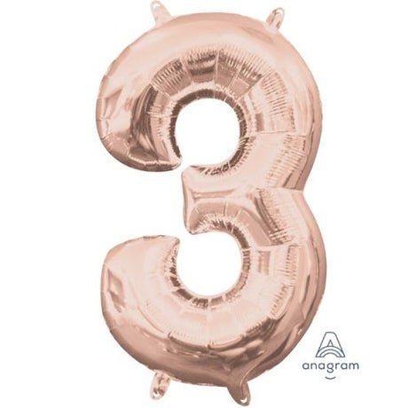 Rose gold foil balloon shaped as the number 3, 40cm, perfect for elegant celebrations and stylish decor.