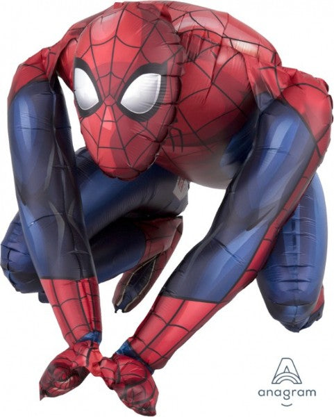 Vibrant Sitting Spider-Man foil balloon, measuring 38cm x 38cm, perfect for superhero-themed parties and celebrations.