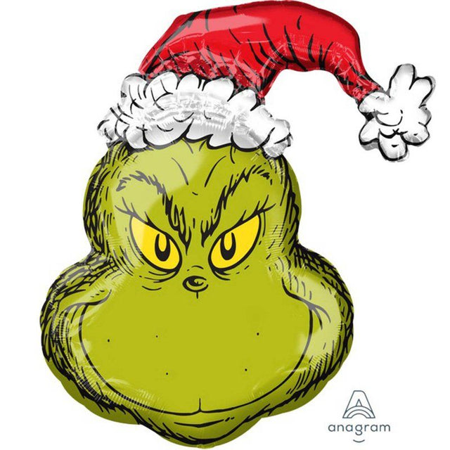 Vibrant 66cm x 73cm foil balloon featuring the Grinch, perfect for festive holiday celebrations and Christmas decor.