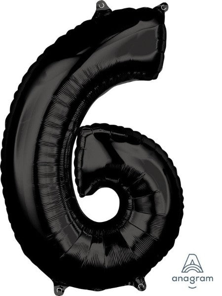 Mid-size black foil balloon shaped like the numeral 6, perfect for celebrations and adding elegance to decorations.