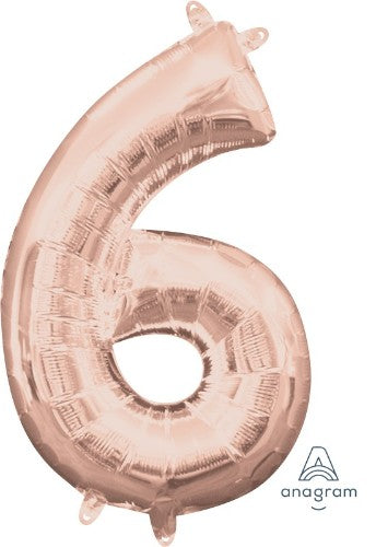 Large rose gold Number 6 balloon, perfect for celebrations, crafted from biodegradable material for lasting shine.