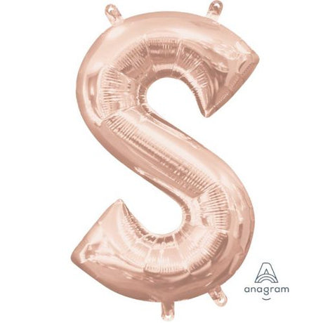 Rose gold foil balloon shaped like the letter S, 40cm, perfect for elegant celebrations and customizable displays.