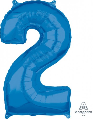 Mid-size blue numeral 2 balloon, perfect for birthdays and celebrations, made of high-quality foil for a vibrant touch.