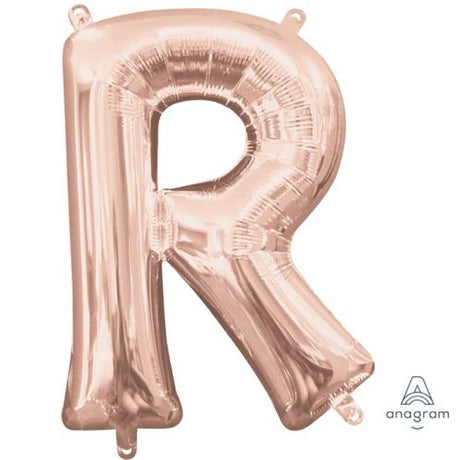 Rose gold foil balloon shaped like letter R, 40cm, ideal for celebratory decorations and personalizing events.