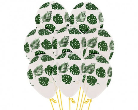 30cm forest green and white latex balloons with leaf design, perfect for elegant party décor; pack of 12.