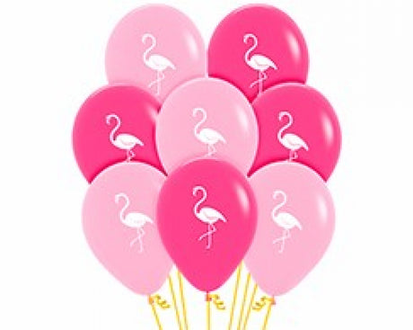 Vibrant 30cm assorted latex balloons featuring a flamingo design, perfect for tropical-themed celebrations and parties.