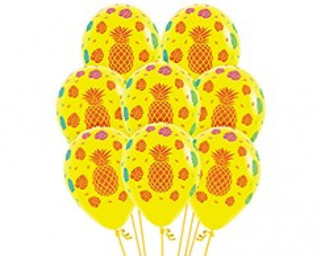 Vibrant 30cm yellow latex balloons with tropical designs, perfect for summer parties and festive celebrations, pack of 12.