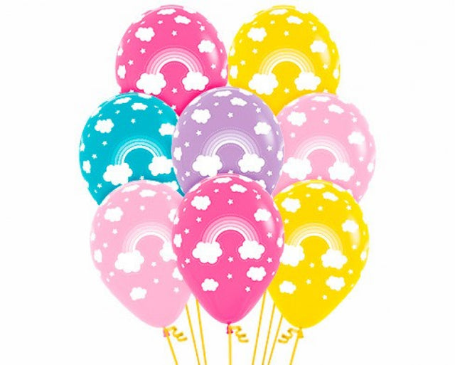 30cm white latex balloons featuring a vibrant rainbow design, perfect for festive celebrations in a pack of 12.