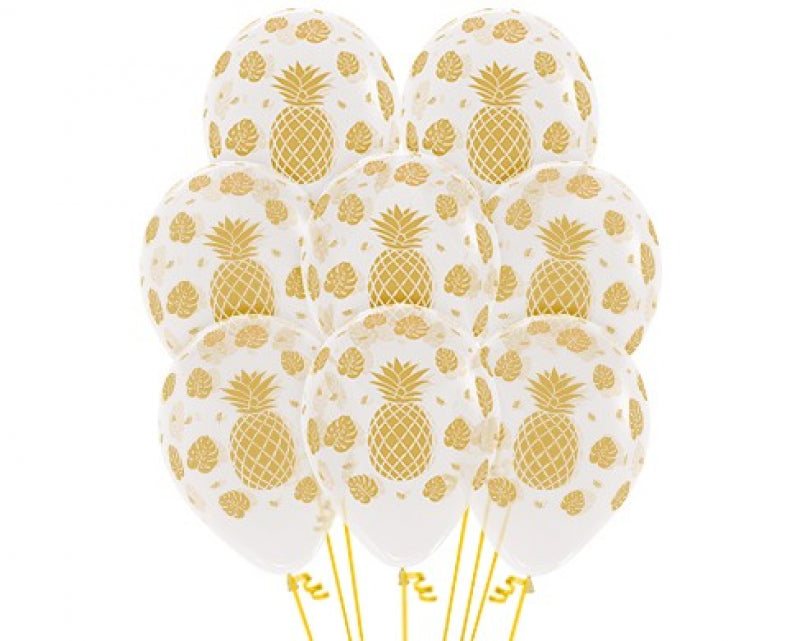 30cm crystal clear latex balloons featuring vibrant tropical designs, perfect for festive parties and celebrations. Pack of 12.