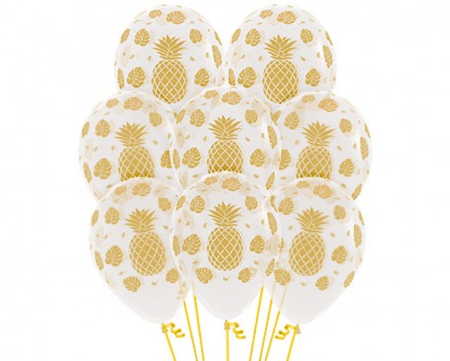 30cm crystal clear latex balloons featuring vibrant tropical designs, perfect for festive parties and celebrations. Pack of 12.