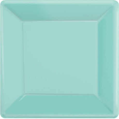 Square paper plates in Robins Egg Blue, 17cm, pack of 20, perfect for parties and casual gatherings. Eco-friendly and stylish.