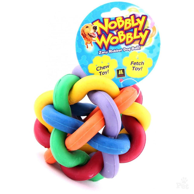 Colorful 9cm Nobbly Wobby rubber ball for dogs, ideal for chewing and fetch, promoting dental health and playtime fun.