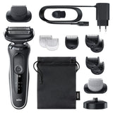 Braun Wet & Dry shaver with stand, 2 attachments; features 3 flexible blades, AutoSense tech, and waterproof design.