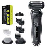 Braun Series 5 Wet & Dry shaver with charging stand and 2 attachments for versatile, efficient grooming.