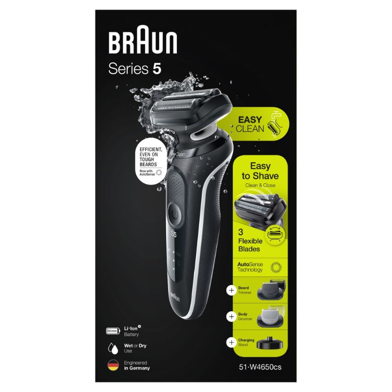 Braun Wet & Dry Shaver Series 5 with charging stand and attachments for precise, effortless grooming, wet or dry.