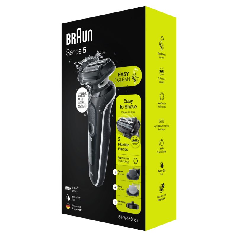 Braun Wet & Dry shaver with charging stand, 3 flexible blades, and two attachments for efficient grooming.