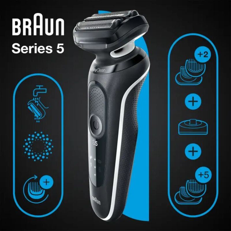 Braun Wet & Dry shaver with charging stand, 3 flexible blades, and 2 attachments for efficient grooming.