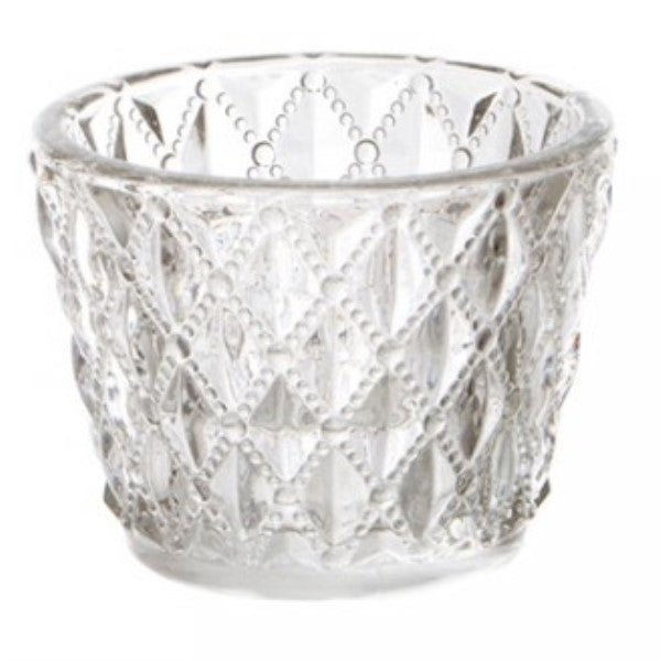 Clear glass candle holder with diamond pattern, 7.5x6cmH, perfect for tea lights and creating a warm ambiance.