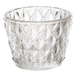 Clear glass candle holder with diamond pattern, 7.5x6cmH, perfect for tea lights and creating a warm ambiance.