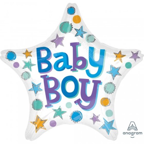 45cm blue and silver star-shaped foil balloon for baby boy celebrations, perfect for parties and nursery décor.