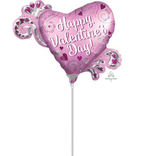 Mini heart-shaped foil balloon for Valentine's Day with playful swirls, perfect for romantic celebrations and decorations.