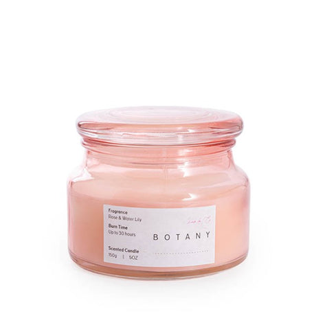 Scented candle in a botanical jar, featuring pink rose and water lily scents in a chic design, 10x8cmH.