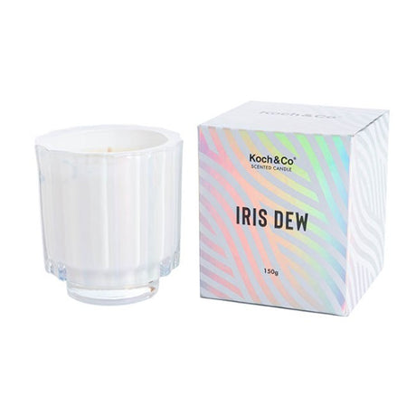 Scented candle in iridescent container, 8x8.5cmH, offering 30 hours of soothing iris dew fragrance for relaxation and ambiance.