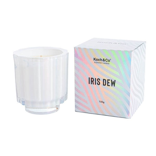 Scented candle in iridescent container, 8x8.5cmH, offering 30 hours of soothing iris dew fragrance for relaxation and ambiance.