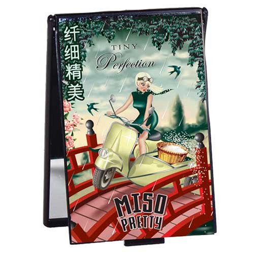 Elegant Miso Pretty Compact Mirror with retro Oriental art on a black background, perfect for on-the-go beauty touch-ups.