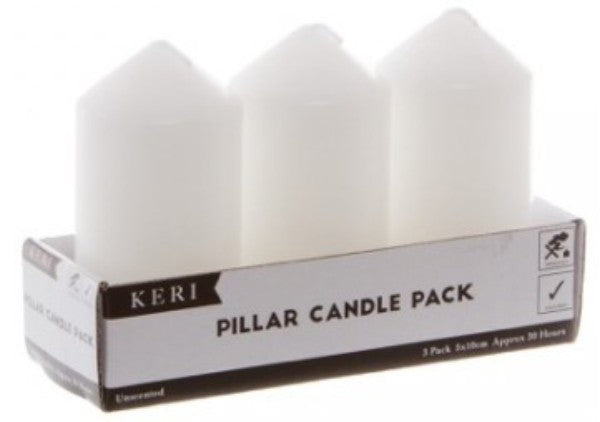 Three white pillar church candles, 10cm high and 5cm in diameter, providing 30 hours of unscented ambient light.