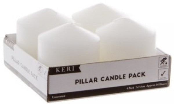 White pillar church candles, 7.5cm tall, pack of 4, unscented, ideal for ceremonies and home decor.