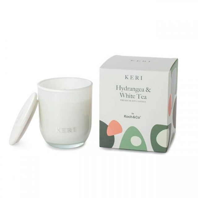 Luxury soy candle featuring hydrangea and white tea scents, burns cleanly for 30 hours, perfect for relaxation and home decor.