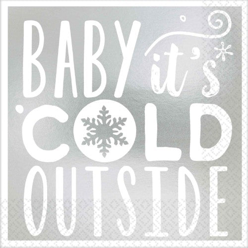 "Pack of 16 festive 'Baby It's Cold Outside' napkins, perfect for winter gatherings and holiday celebrations."