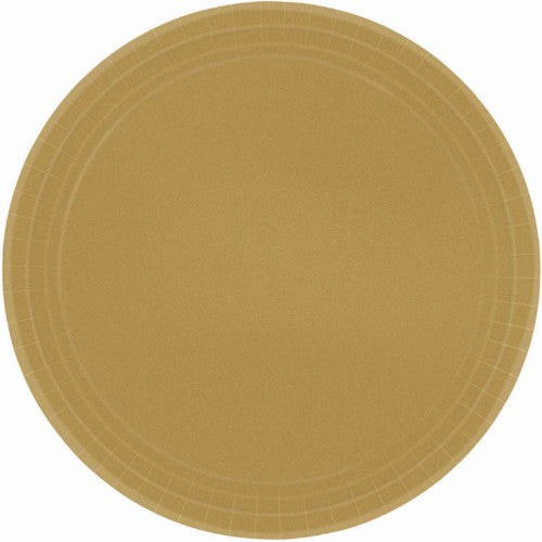 Elegant 23cm round gold paper plates in a pack of 20, perfect for upscale parties and events, combining style and convenience.