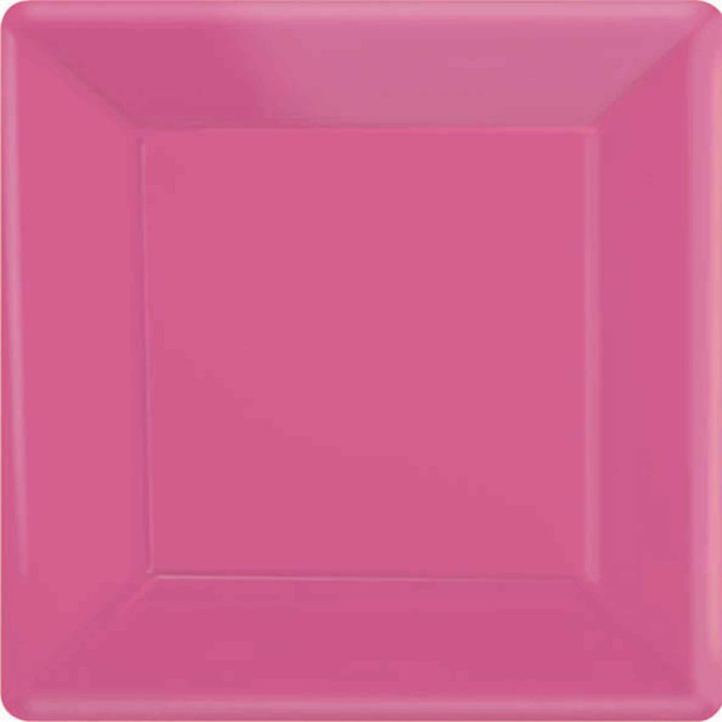 Bright pink square paper plates (17cm) in a pack of 20, perfect for parties and easy cleanup.