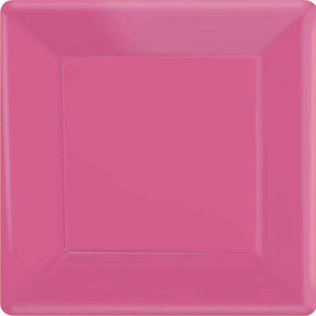 Bright pink square paper plates (17cm) in a pack of 20, perfect for parties and easy cleanup.