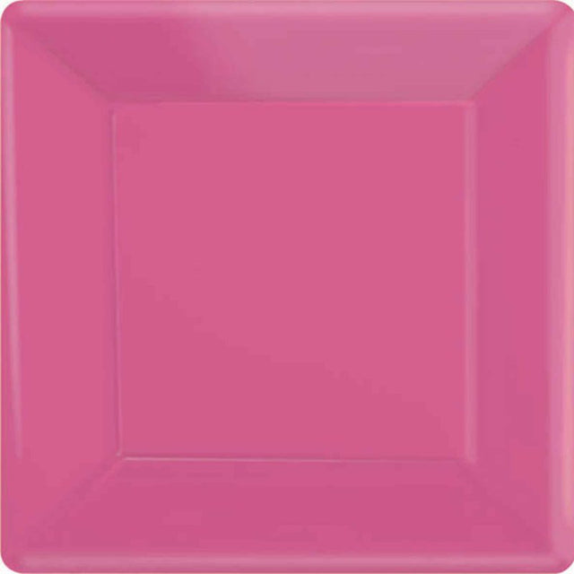 Bright pink square paper plates (17cm) in a pack of 20, perfect for parties and easy cleanup.