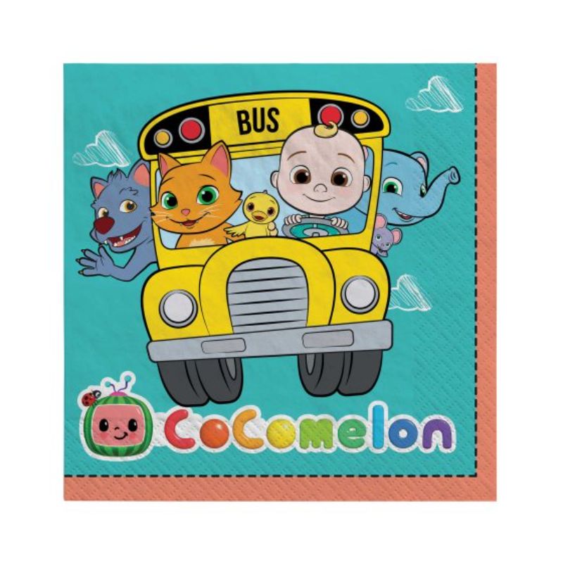 Colorful Cocomelon lunch napkins set of 16 featuring beloved characters, perfect for kids' parties and everyday meals.