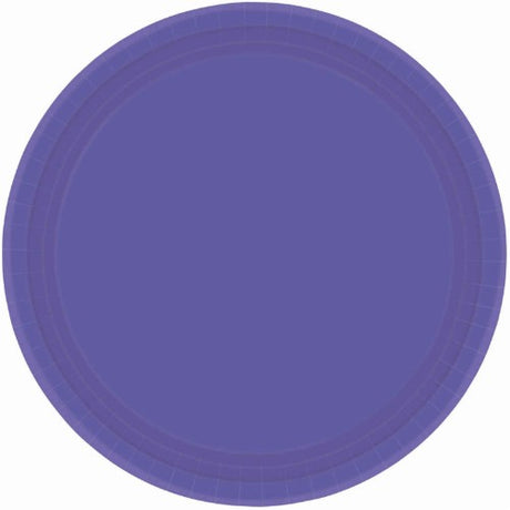 Vibrant purple round paper plates, 26cm, pack of 20, ideal for stylish serving at parties and gatherings.