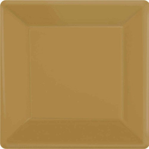 Square gold paper plates (17cm) in a pack of 20, perfect for elegant parties and easy clean-up.