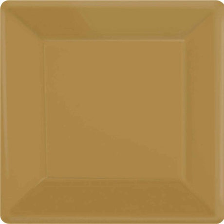 Square gold paper plates (17cm) in a pack of 20, perfect for elegant parties and easy clean-up.