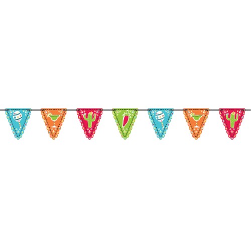 Vibrant Fiesta Mini Paper Pennant Flag Banner with 24 colorful flags for festive decorations at any celebration.