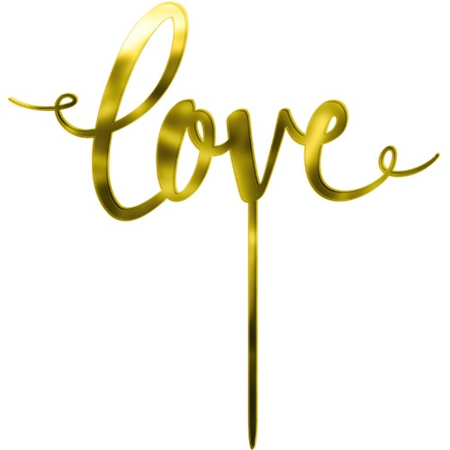 Gold mirrored "Love" cake topper, 16cm, adds elegance to celebrations with its stunning reflective design. Perfect for any occasion.