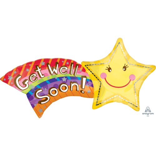 Vibrant Supershape XL Get Well Shooting Star balloon, 69cm x 56cm, perfect for uplifting spirits and sending cheer.