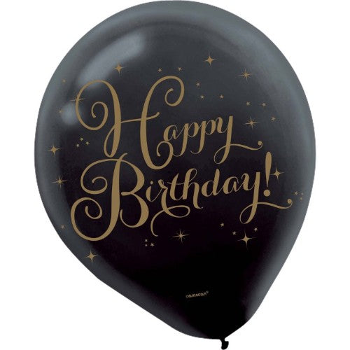 Gold and black latex balloons with 'Happy Birthday' print, ideal for elegant birthday celebrations, pack of 15.